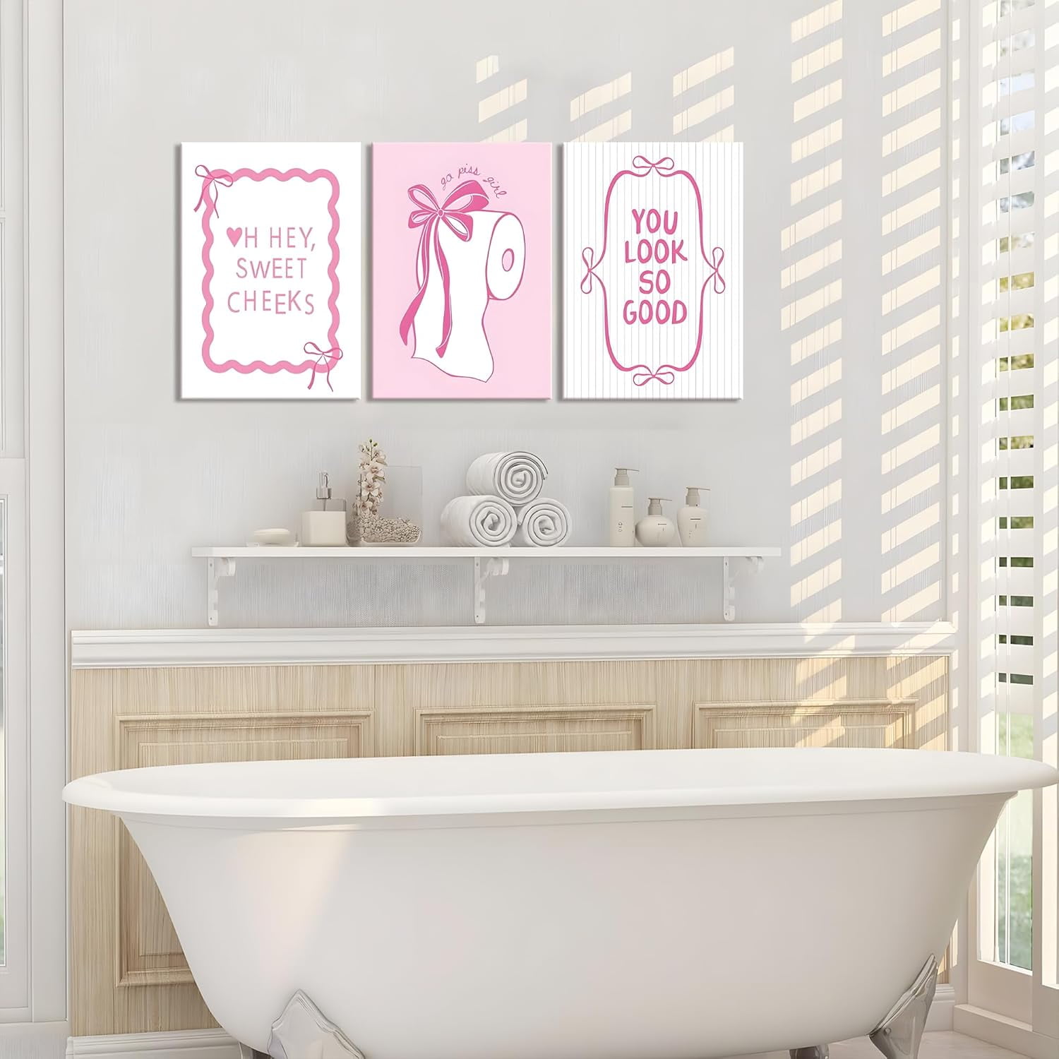 3Pcs Pink Bow Bathroom Canvas Wall Art Bowknot Coquette Posters Prints Preppy Picture Decor For Bathroom Washroom Restroom 16x12in Framed
