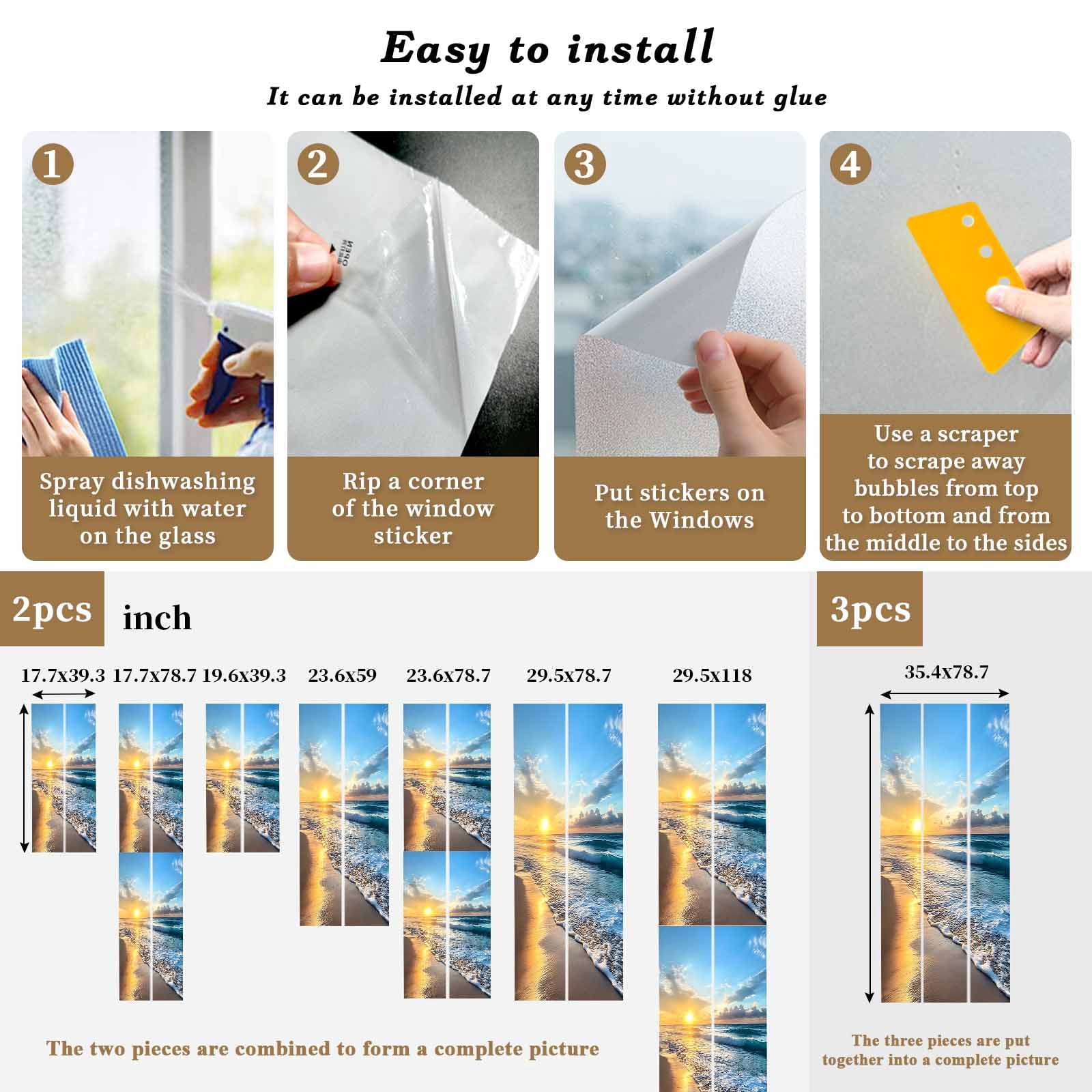 Summer Beach Window Privacy Film, Sunset Ocean Coastal Nautical Static Cling UV Sun Blocking Heat Control Window Tint Day and Night, Non-Adhesive Reusable One Way Windows Privacy Cover 35.4''x78.7''
