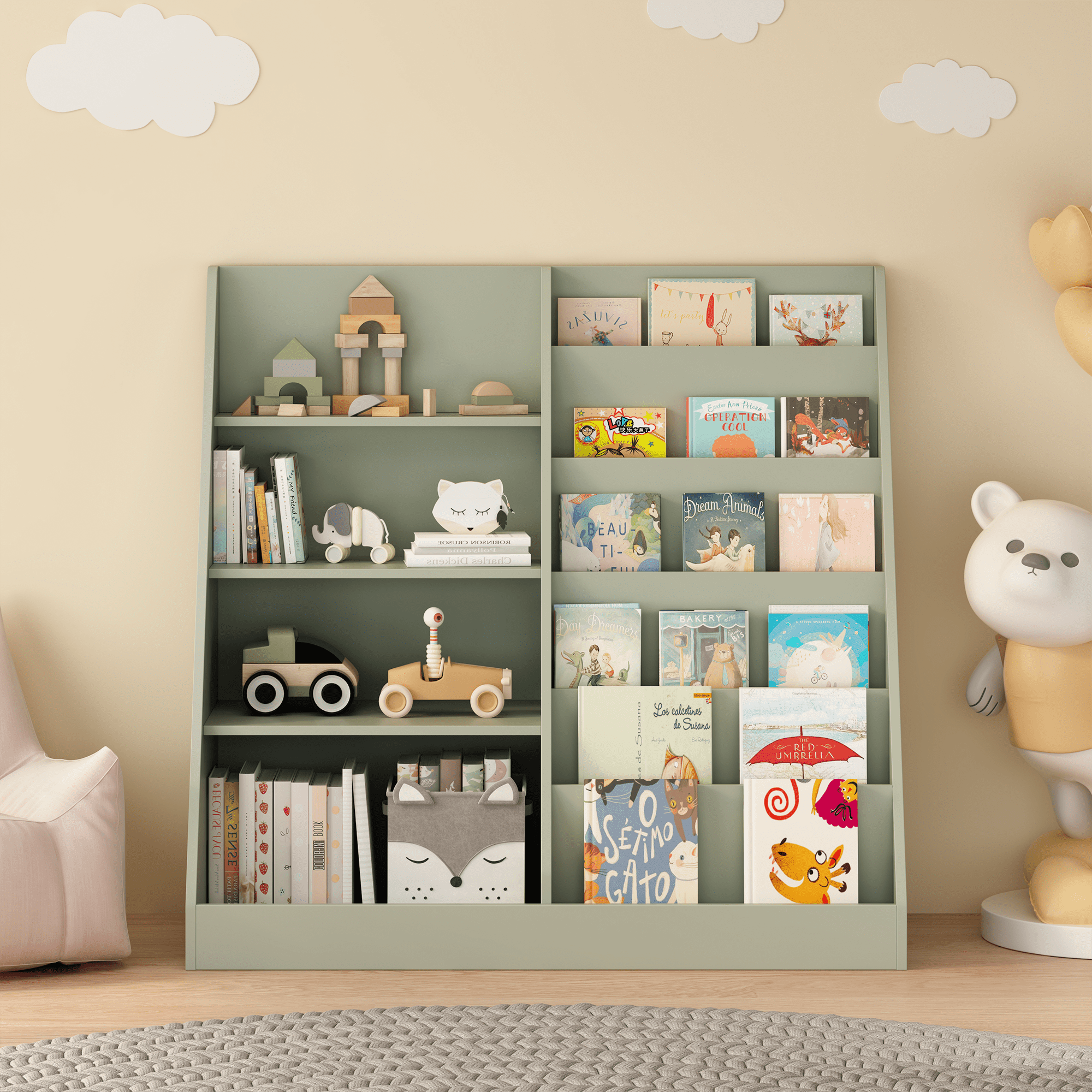 Kids Bookshelf and Toy Storage Organizer, Multifunctional 4 Tier Wooden Kids Book Shelf with Bookcase Display Stand in Kids Room Playroom Nursery for Kids, Children, Toddlers (Sage)