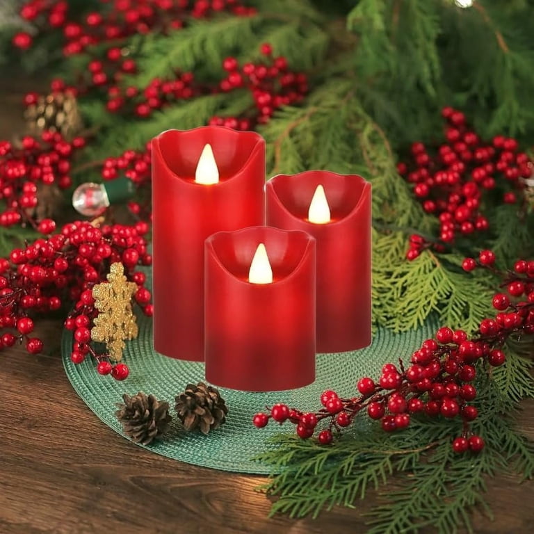 HANZIM Flameless LED Pillar Candles with Remote, Red, 3-Pack photo 3