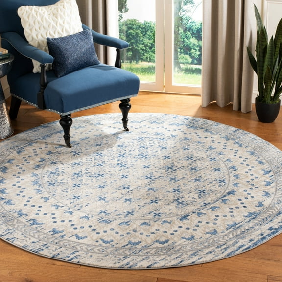 SAFAVIEH Brentwood Dory Geometric Area Rug, Light Gray/Blue, 3' x 3' Round