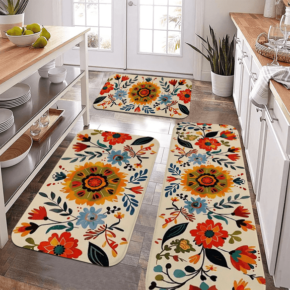 Soft Kitchen Mat Set of 3, 0.47inch Thick 18D Fleece Sponge, Non-Slip Indoor Floor Mat with Red Floral Pattern for Kitchen Living Room Corridor, Four Seasons Decor