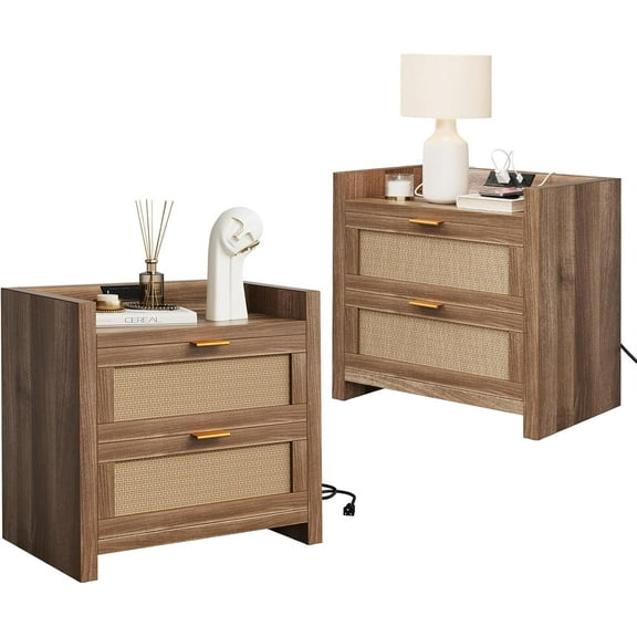 EastVita Set of 2 Modern Nightstands with Type-C Charging Station, Bedside Tables with 2 PE Rattan Drawers, Rattan Nightstands for Bedroom, Living Room