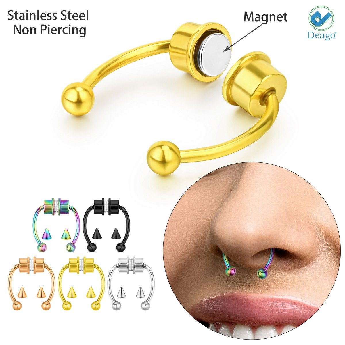 5-Pack 316L Stainless Steel Fake Nose Septum Ring - Clip-On Stud (Multicolor, 8mm)