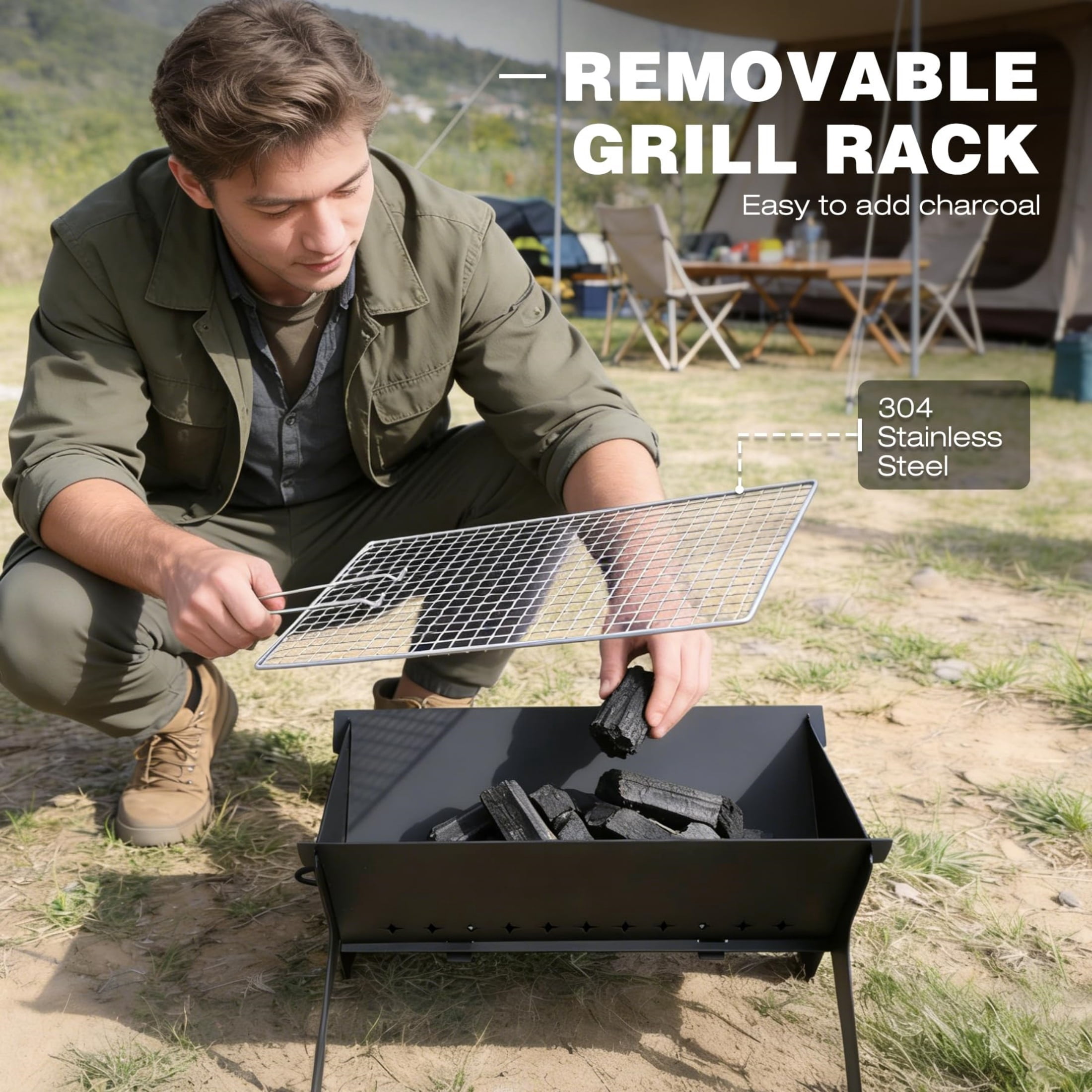 REDCAMP Portable Charcoal Grill, Large Folding Stainless Steel Fire Pit Grill with Carry Bag, Heavy Duty Campfire Grill for Outdoor Camping BBQ Cooking, Black