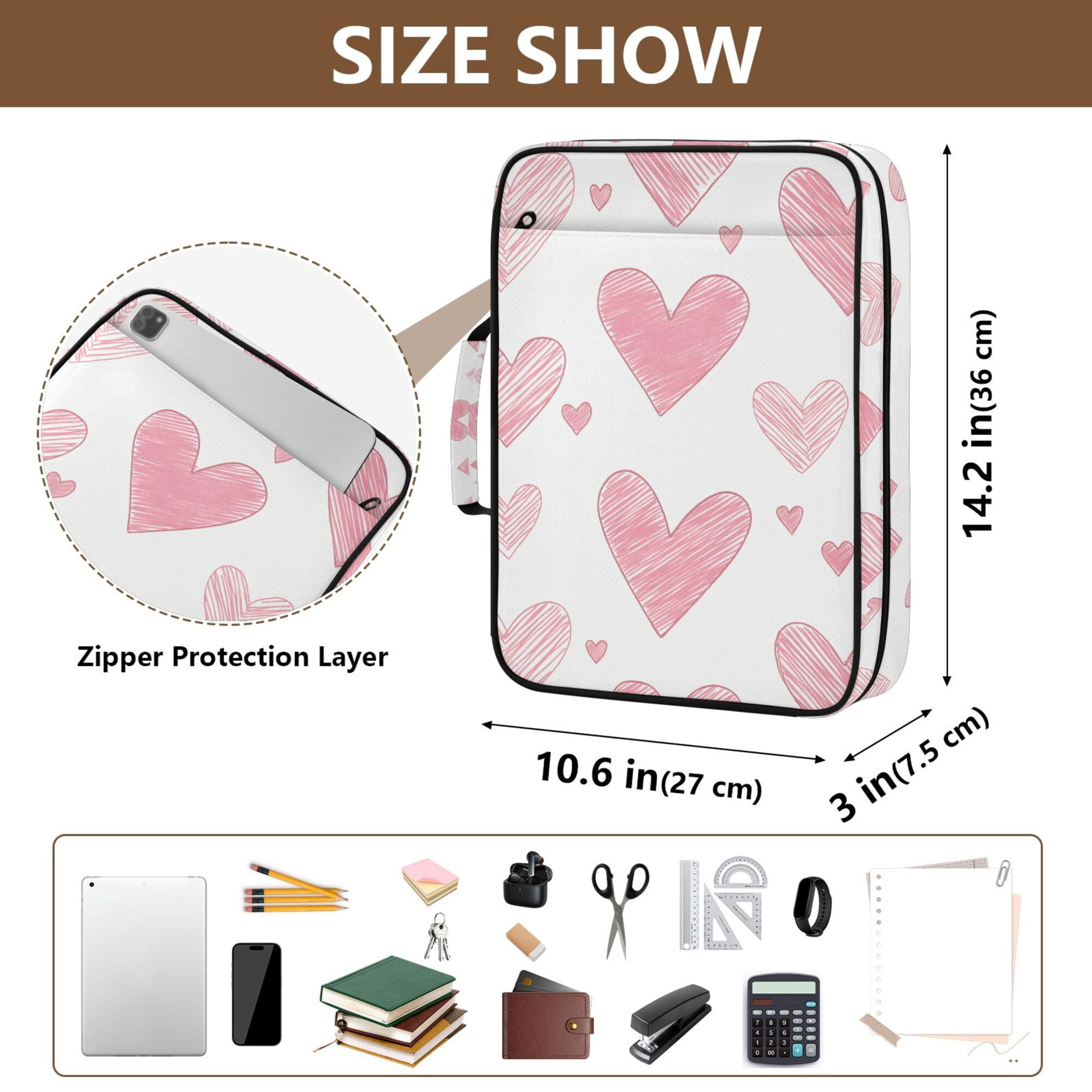 FORMRS Accordion File Folder A4 Size 7-Pocket Expanding Document Organizer Bag with 3 Ring Binder, Hand Drawn Hearts
