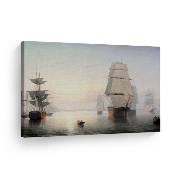 Smile Art Design Boston Harbor, Sunset, Fitz Henry Lane Classic Art Canvas Print Famous Fine Art Oil Painting Reproduction Canvas Wall Art Home Decor Ready to Hang Made in the USA 8x12