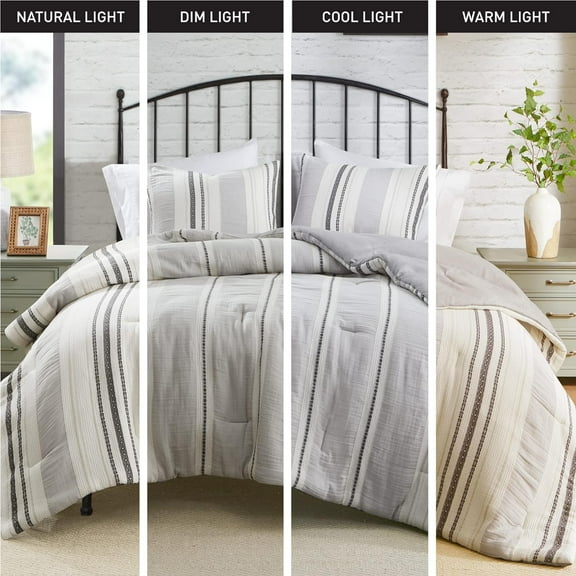 Neutral Farmhouse Bedding Set, 3 Pieces Full/Queen Size Grey Comforter Sets, Cotton Top with Modern Rustic Style Stripes Including 1 Comforter 2 Pillowcases