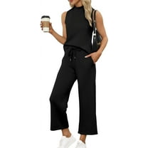 YATELLE Two Piece Sets for Women Summer Outfits Lounge Sets Mock Neck Tops Wide Leg Crop Pants Vacation Travel Outfits