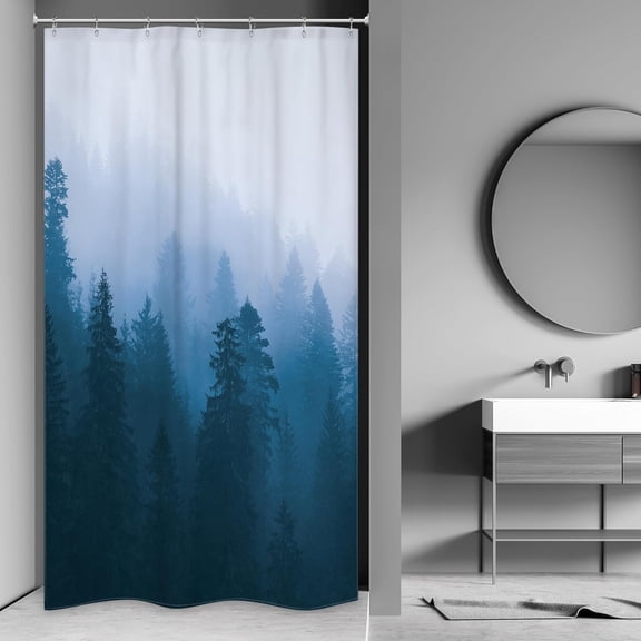 Small Stall Shower Curtain for Bathroom Decor 36Wx72H Narrow Half Rv Nature Blue Mens Misty Tree Mountain Foggy Woodland Art Printed Fabric Polyester Waterproof 6 Pack Plastic Hooks