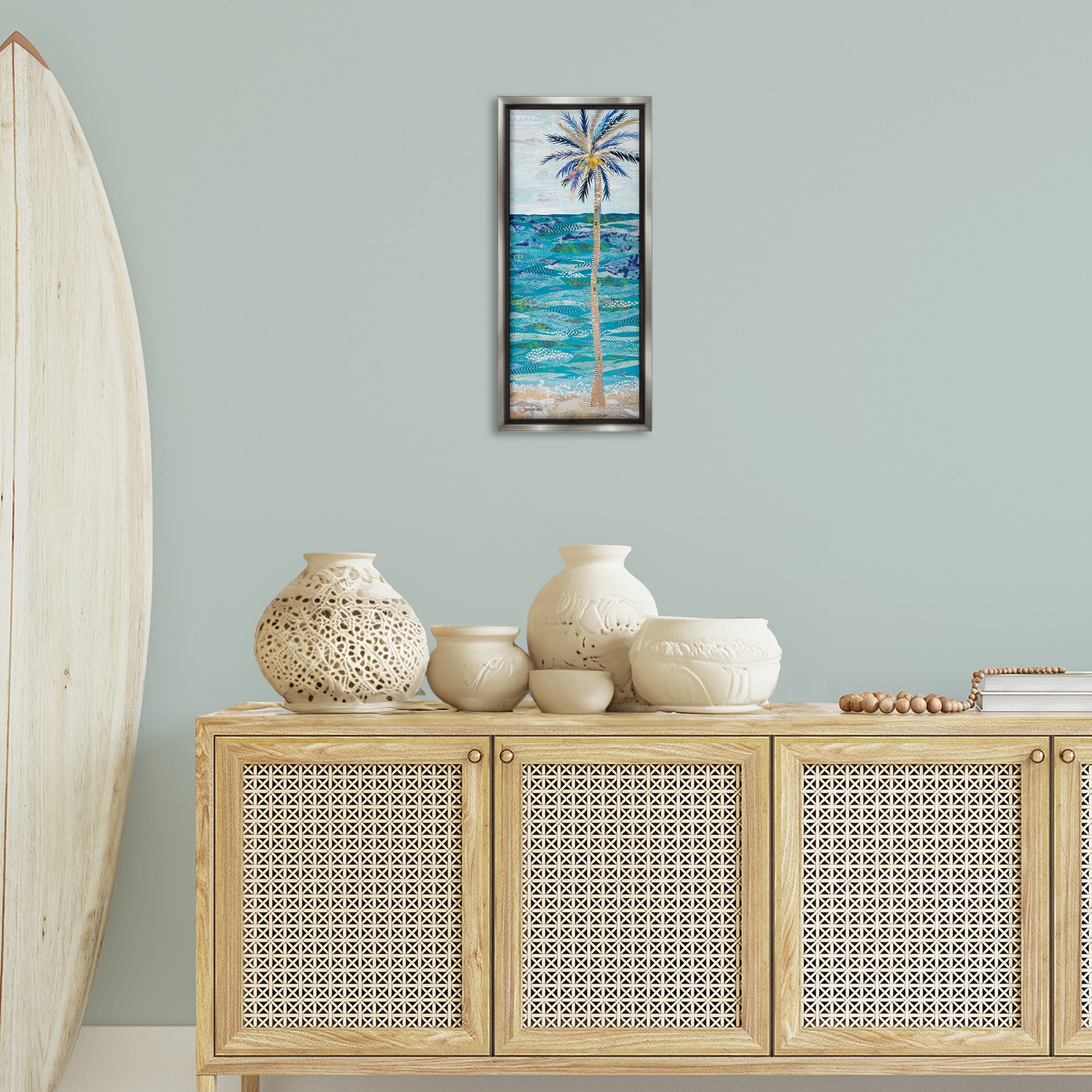 Stupell Industries Tangled in Blue Collage Coastal Painting Gray Floater Framed Canvas Art Print Wall Art, 11 x 25