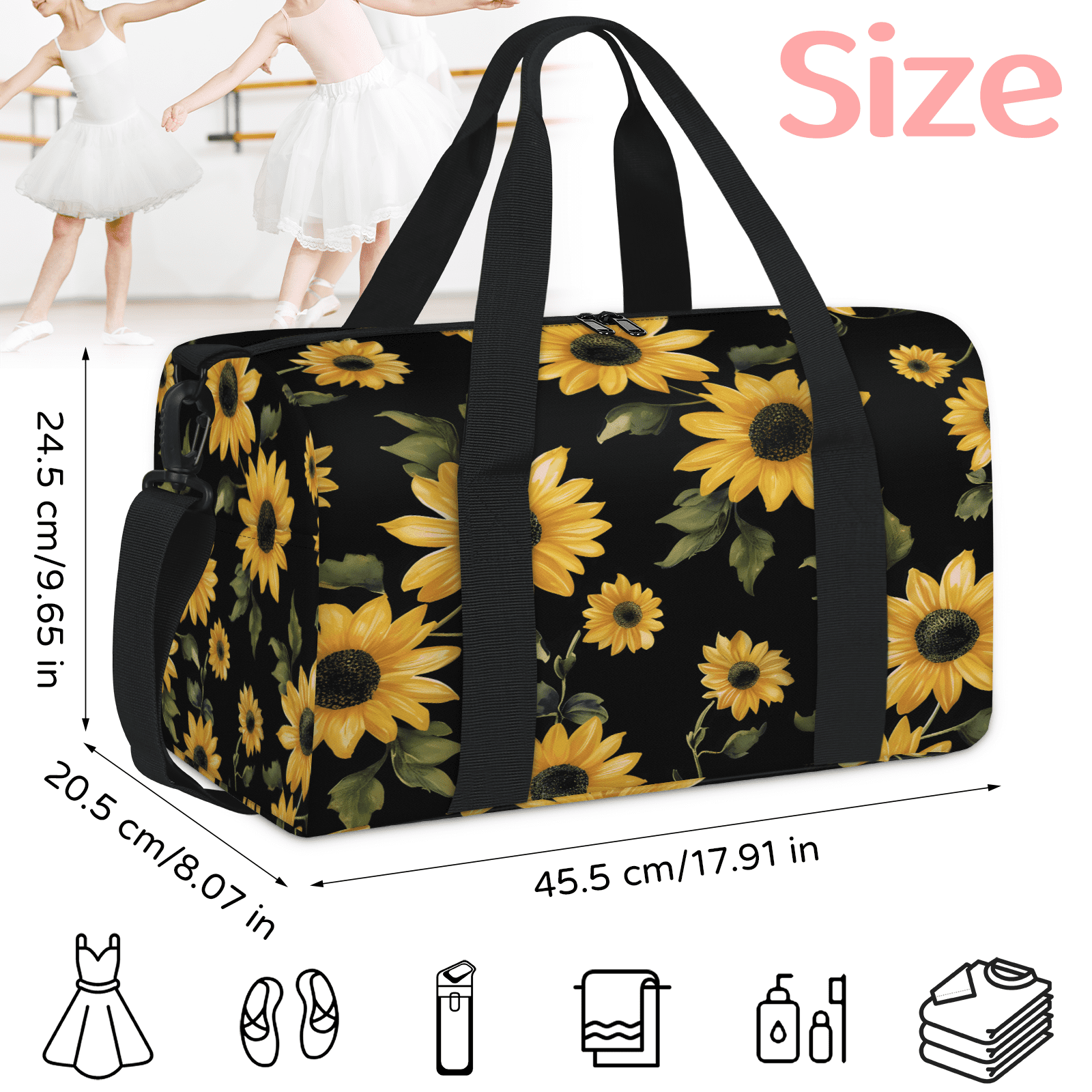 Herdesigns Retro Sunflowers Floral Gym Bag for Women, Duffle Bag for Travel Sport, Lightweight Waterproof Carry on Weekender Overnight Dance Yoga Workout Bags
