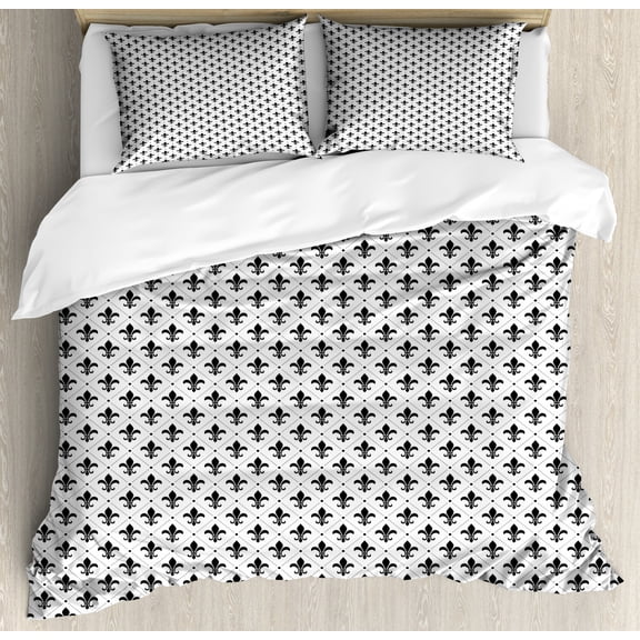 Fleur De Lis Duvet Cover Set King Size, French Culture Inspired Motifs Dotted Lines Medieval Design Floral Pattern, Decorative 3 Piece Bedding Set with 2 Pillow Shams, Black White, by Ambesonne