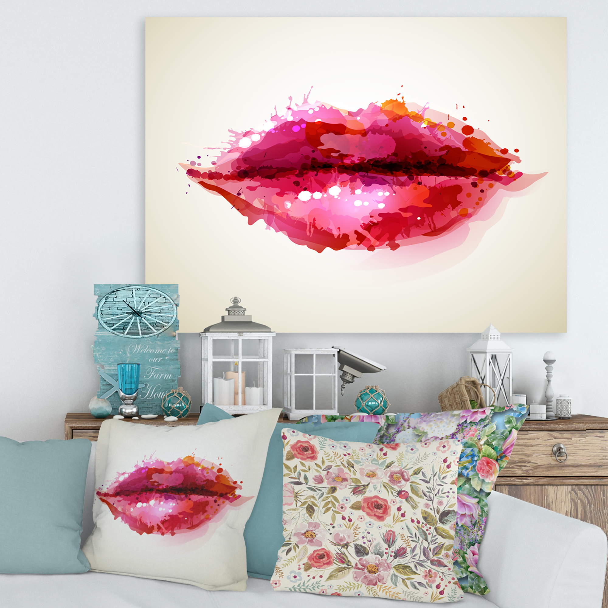 Designart ' Red Girl Lips Formed By Abstract Blots ' Modern Canvas Wall Art Print