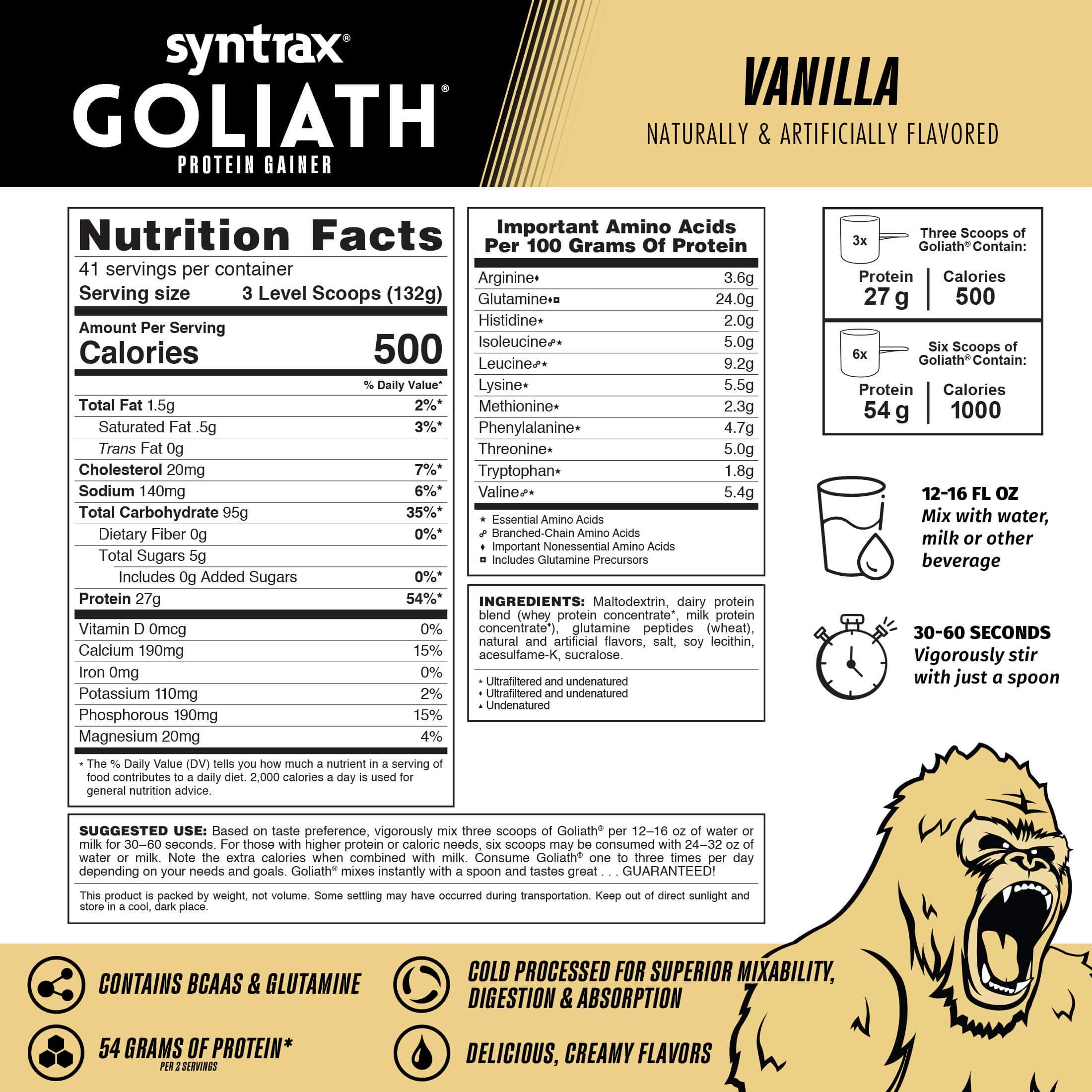 Syntrax Goliath Mass Gainer Protein Powder, Undenatured Whey & Micellar Casein, Vanilla, 12 lb