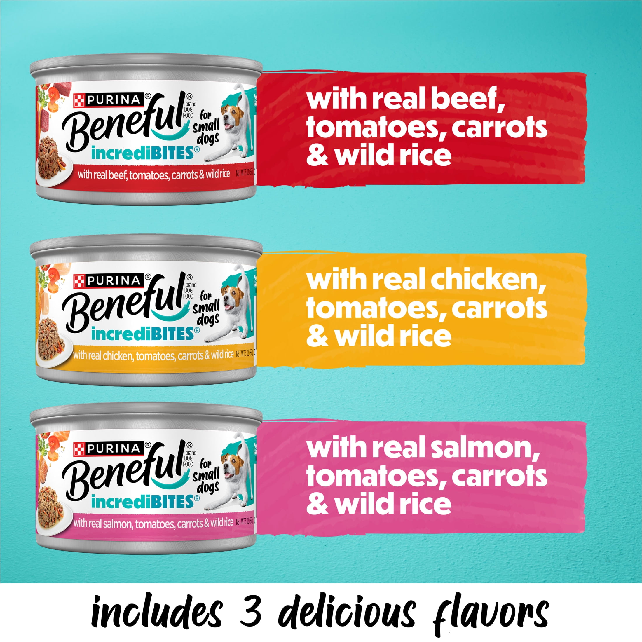 (4 pack) Purina Beneful Small Breed Wet Dog Food Variety Pack, IncrediBites With Real Beef, Chicken and Salmon, 3 oz.