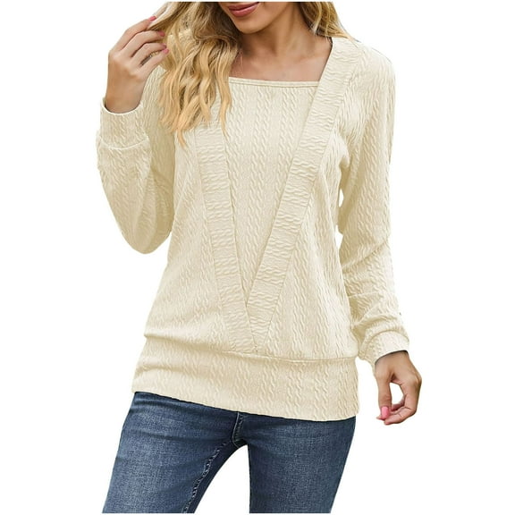 Yyeselk Going out Sweaters for Women Casual V-Neck Long Sleeves Cozy Blouses Fashion Pure Color Knitted Fit Ladies Warm Sweatshirts Beige S