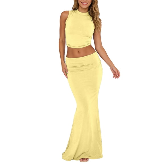 EYNMVR Skirt Sets Women 2 Piece Outfits Sleeveless Tank Crop Top Fold Over Maxi Long Skirts