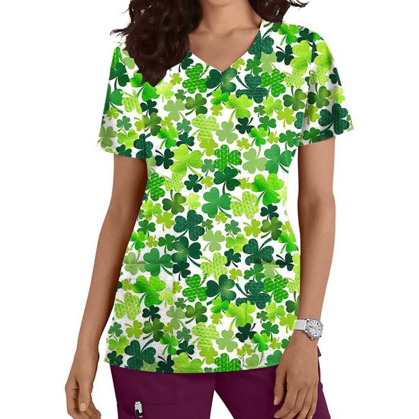 Fiudx Liquidación de Ahorros de Verano Blusa de Manga Corta con Cuello En V para Mujer, Blusa con Bolsillos Estampados para El Día de San Patricio, Enfermería