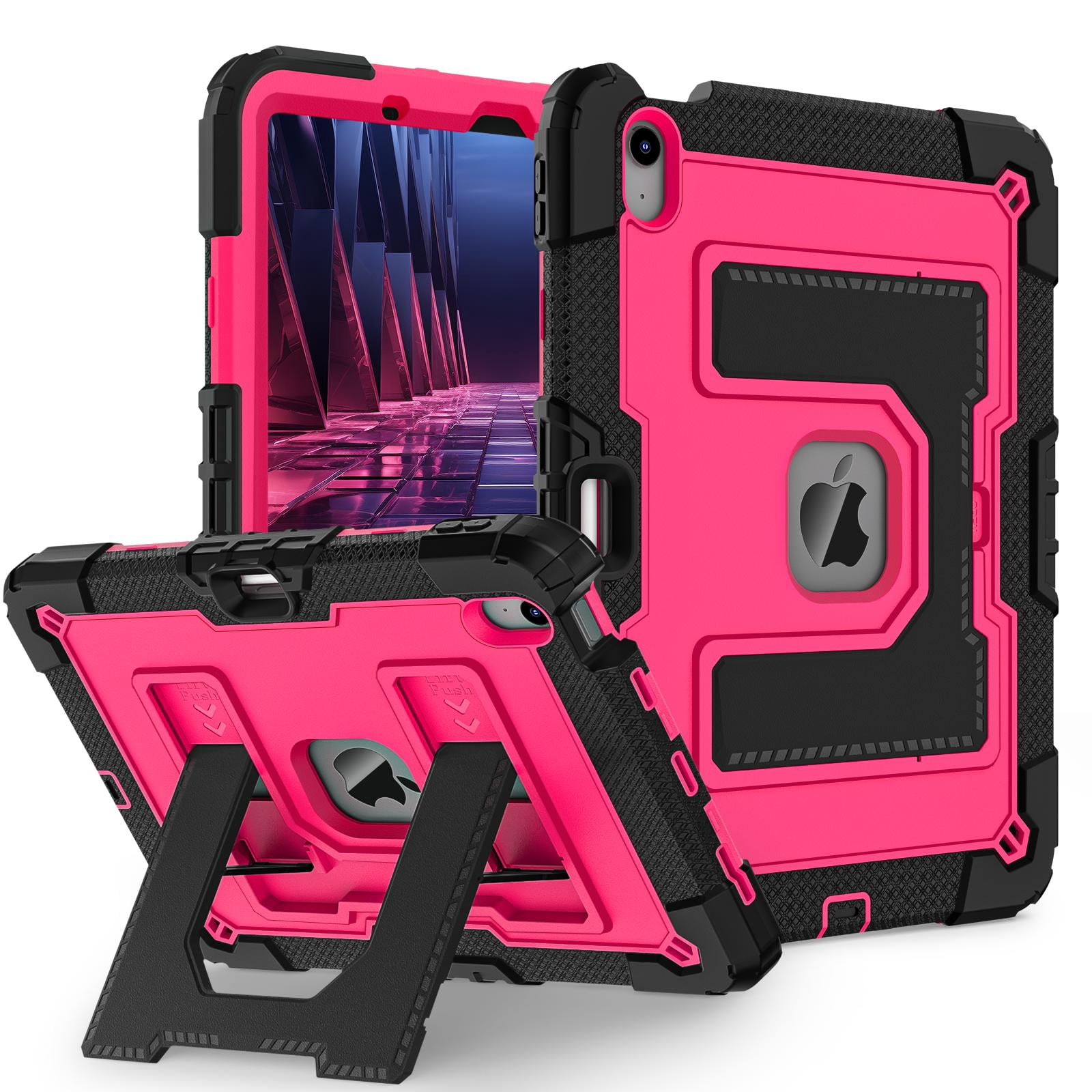 ELEHOLD 3-Layer Rugged Case For Apple iPad Air 11‑inch (M4) 2026, Heavy Duty Shockproof Logo Visible Foldable Kickstand Drop Protection Cover with Pencil Holder + Shoulder Strap, Black+Rose