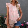 thumbnail image 2 of Camiseta sin mangas con estampado de rejilla para mujer, cuello en V con volantes, dobladillo suelto, camisas sin mangas informales de verano, 2 of 5