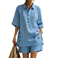 thumbnail image 3 of Womens Plus Size Cotton Linen Shorts Sets Summer Outfits with Button, Oversized Tops and Bermuda Shorts 2 Piece Matching Lounge Sets Tracksuits, Travel Vacation Going Out Suits 2026 Blue L, 3 of 8