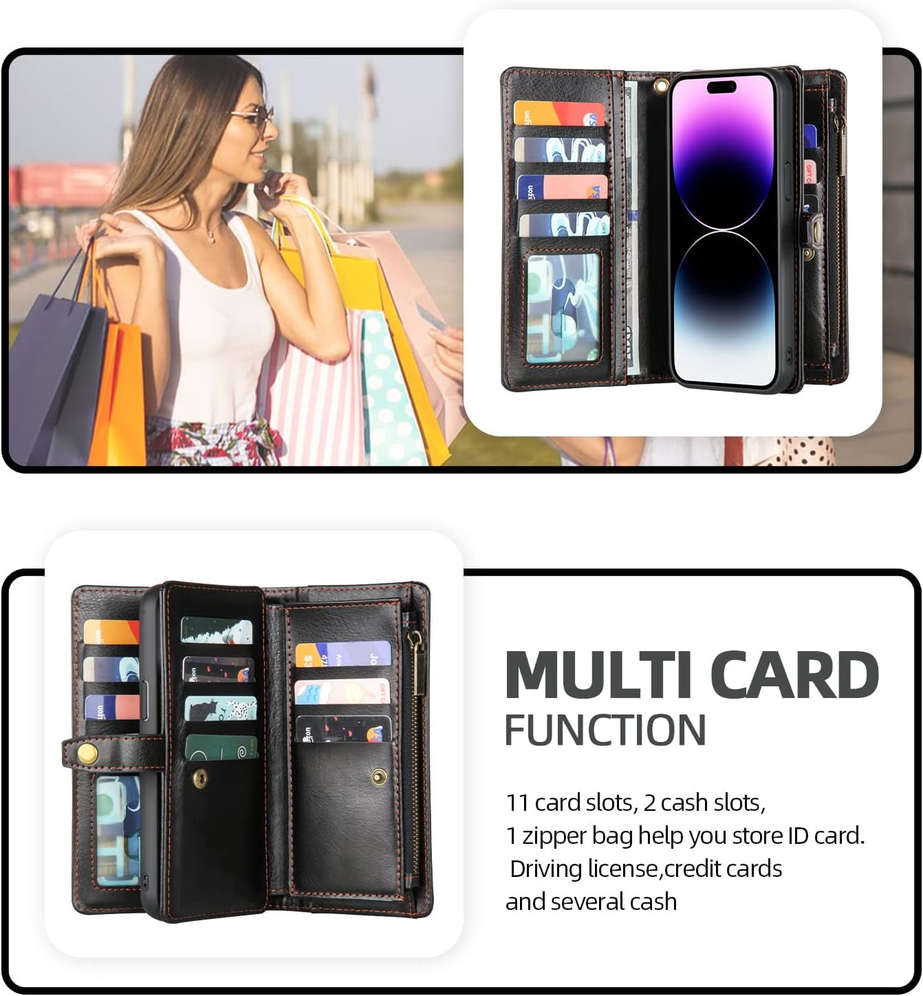 Phone Case Wallet Case Compatible for iPhone 15,iPhone 15 Multifunctional 2 in 1 Magnetic Case Wallet,Durable PU Leather Flip Lanyard Strap Wristlet Zipper Card Holder  for iPhone 15