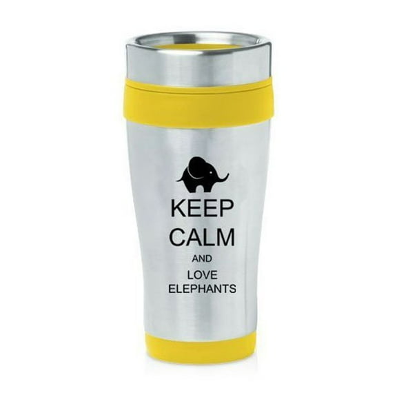 Yellow 16oz Insulated Stainless Steel Travel Mug Z409 Keep Calm and Love Elephants