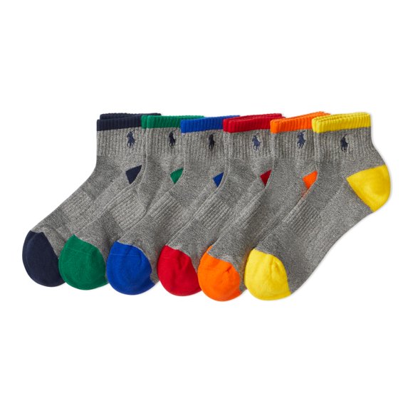 POLO RALPH LAUREN mens Athletic Performance Cotton Ankle Socks - 6 Pair Pack - Moisture Wicking Mesh, Multicolor Tip, 12-17
