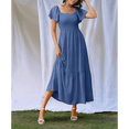thumbnail image 4 of Women Summer Casual Square Neck Flutter Sleeve Boho Smocked A-Line Flowy Tiered Modest Midi Sun Dress with Pockets Navy Blue XL, 4 of 7