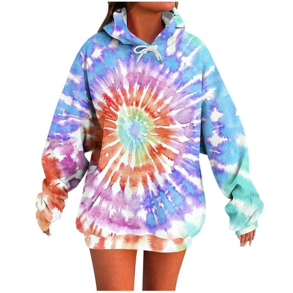 Amidoa Hoodies for Women Trendy Oversized Long Sleeve Blue Hoodies Drawstring Pocket Tie Dye Clothes Ladies Tops L