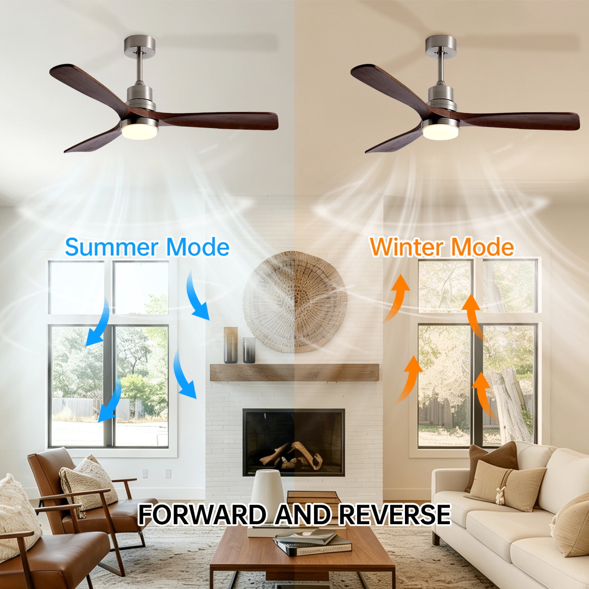Leumius 52" Wooden Ceiling Fans with Lighted Remote Control, Indoor Outdoor Wooden Ceiling Fan, Outdoor Modern Ceiling Fan with 3 Fan Blades for Patio, Living Room Dining Room Brushed Nickel