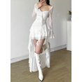 thumbnail image 4 of White Fitted Square Neck Long Sleeve Ruched High-Low Mesh Dress With Asymmetric Tiered Hem, 4 of 5