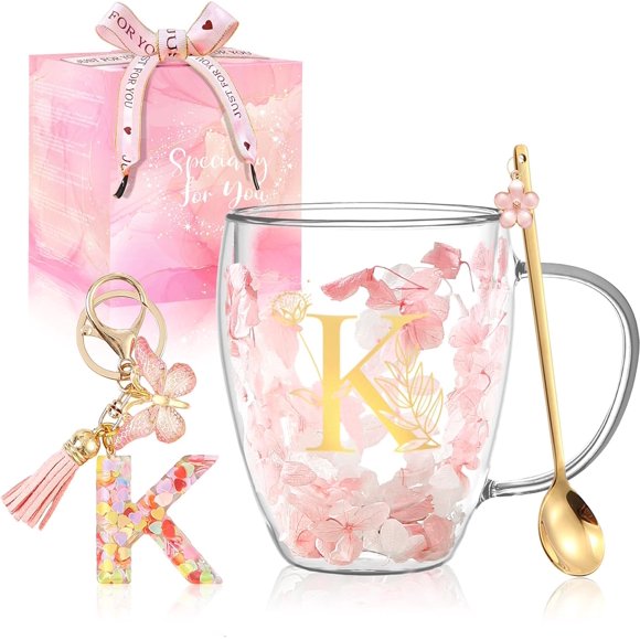 Personalized Gift for Women Monogrammed Double Wall Flower Glass Coffee Mug Tea Cup with Spoon Customized Birthday Valentine Mother's Day Christmas Gift for Mom Wife Friends Sister Coworker(K)