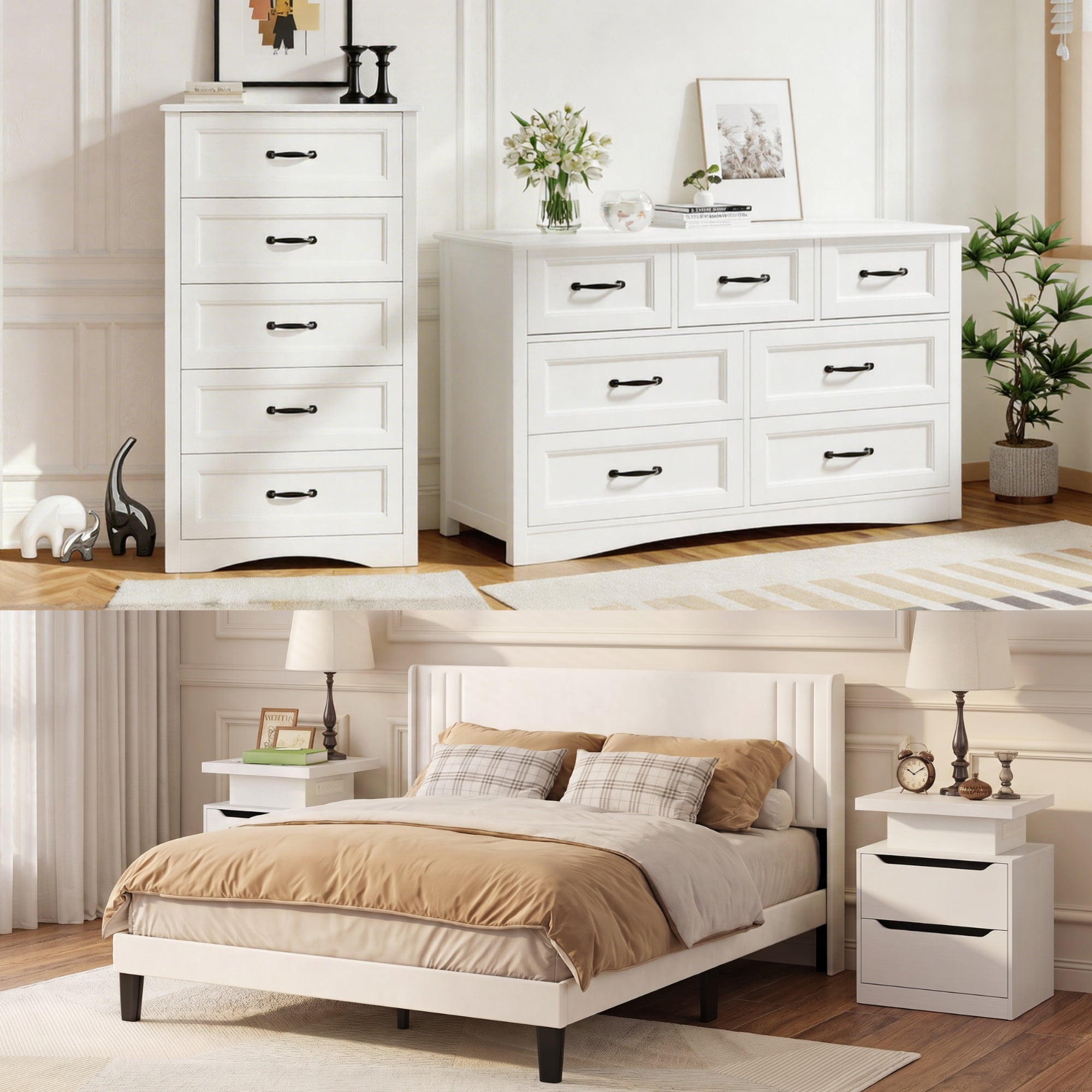 Bedroom Furniture Sets, Asofer 2 Nightstands, 5-Drawer Dressers & 7-Drawer Dressers, Queen Bed Frame, White
