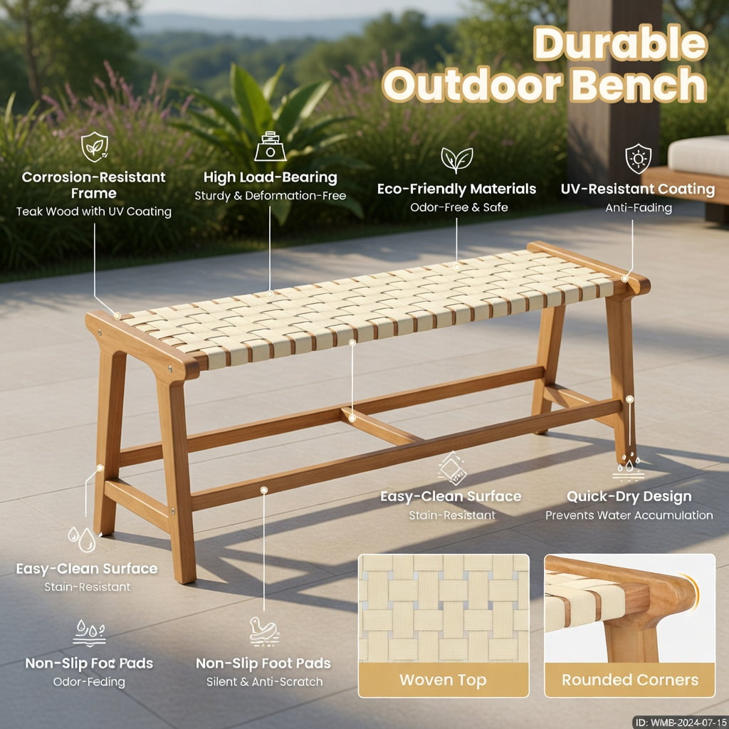 Hommoo 47" Teak Wood Patio Bench with Woven PP Seat, Sturdy Outdoor Bench for Patio, Porch, Poolside & Entryway, Natural