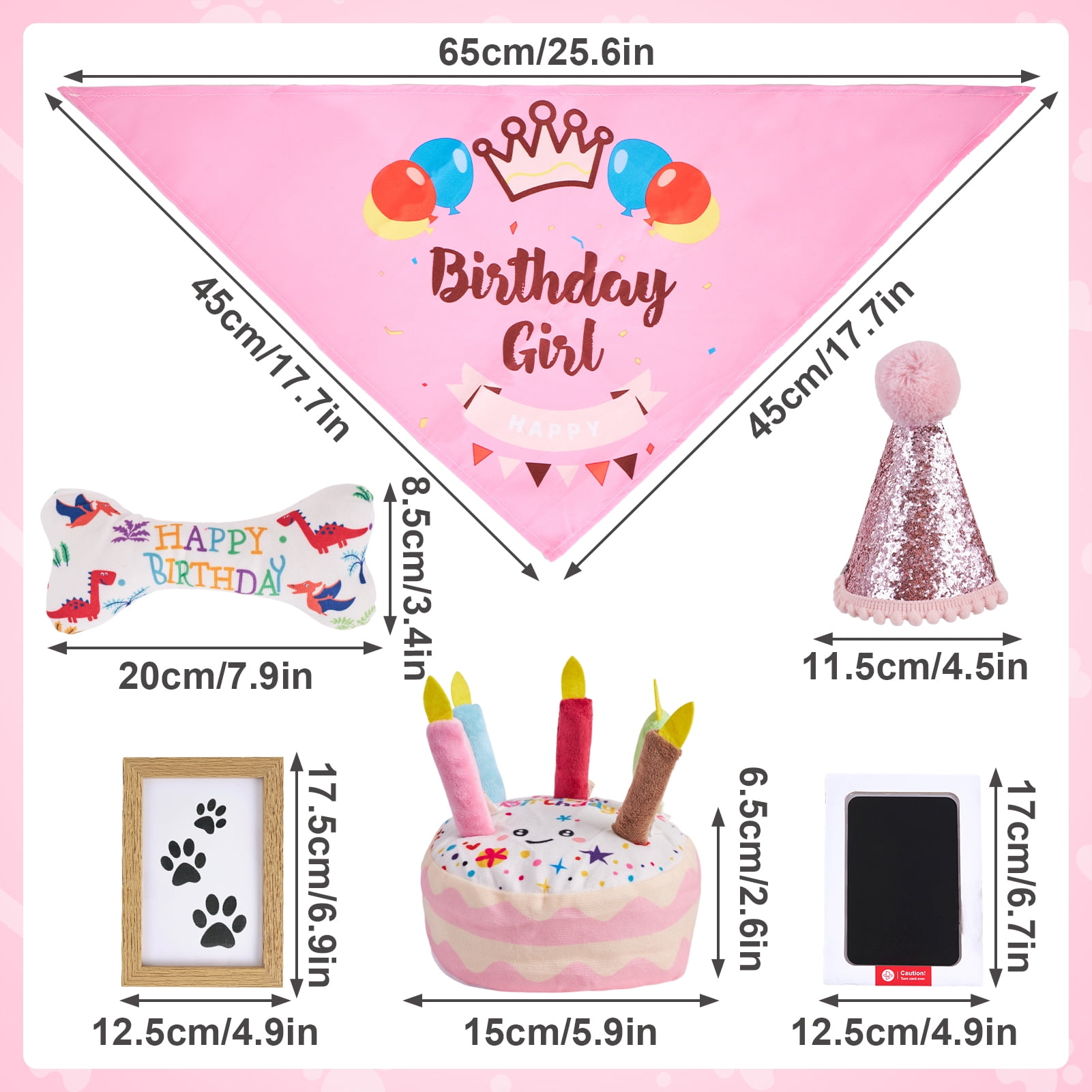 Easy Joy Dog Birthday Toy Set & Decorations for Dogs, Includes Squeaky Cake Toy, Plush Bones, Birthday Hats, Bandana, Paw Print Kit & Photo Frame. Dog Birthday Gift Supplies, Pink