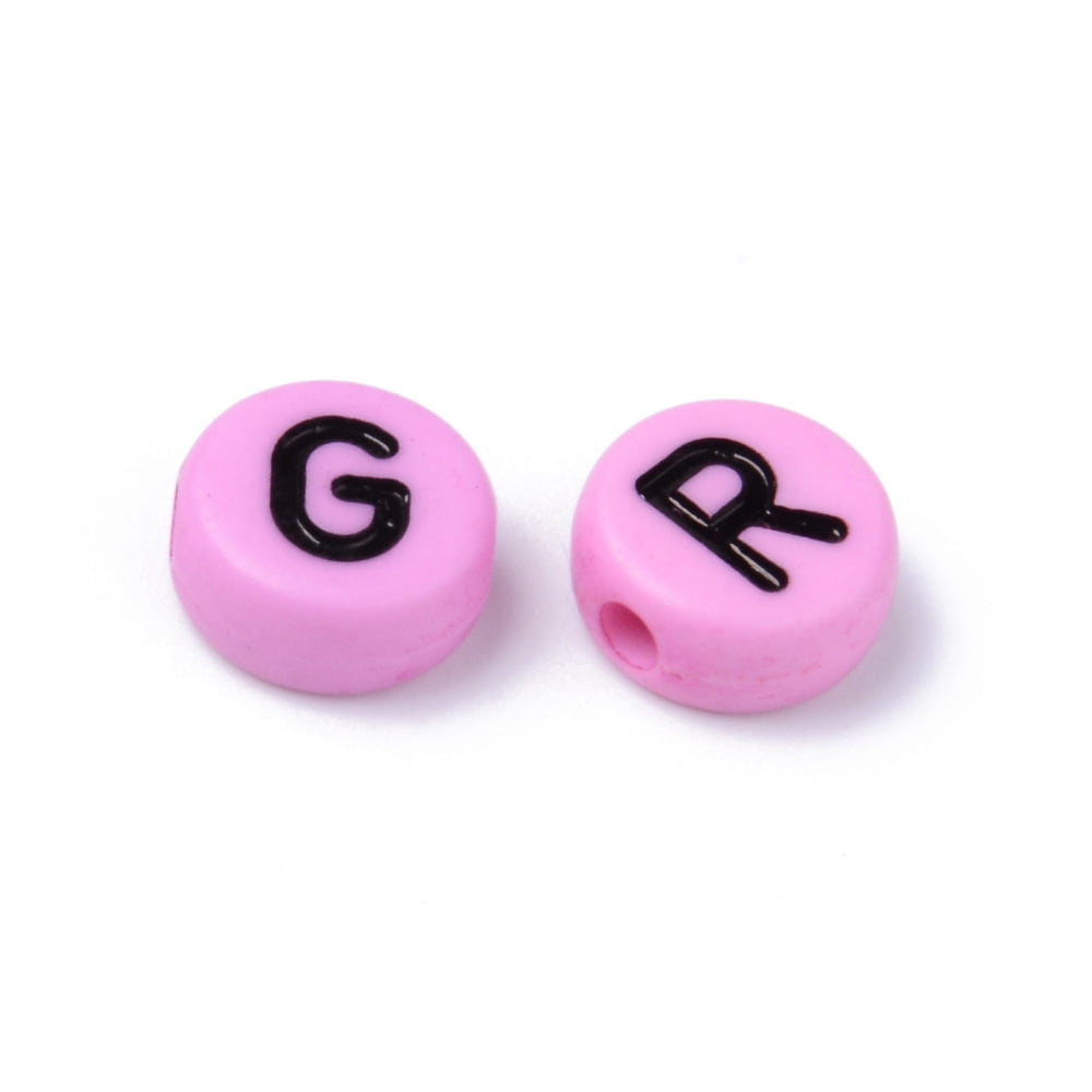 Opaque Acrylic Beads Horizontal Hole Flat Round with Black Random Letters Pearl Pink 10x4.5mm Hole: 2mm about 1600pcs/500g