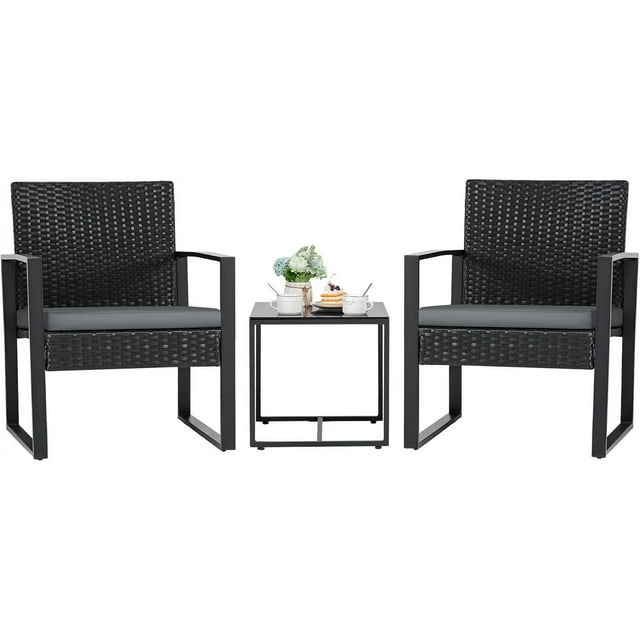 Homall 3 Pieces Patio Indoor Conversation Set Cushioned PE Rattan Bistro Chairs Set of 2 with Coffee Table, Black/Grey