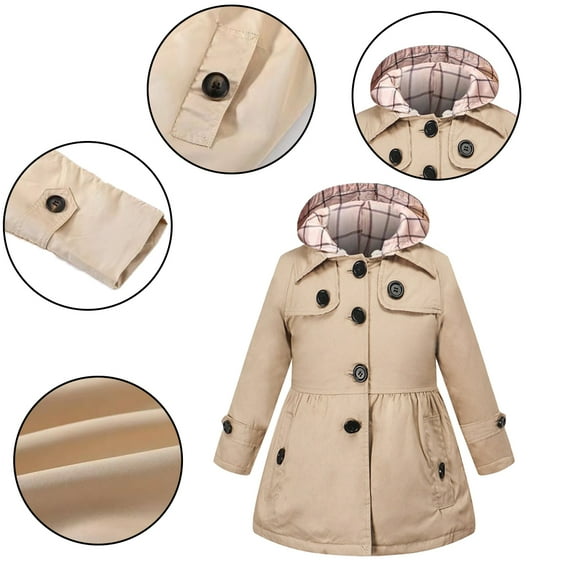 Godderr Kids Girls Lightweight Trench Coat for Toddler Baby Hooded Dress Coats Button Winter Warm Classic Cotton Outerwear for 2-13Y