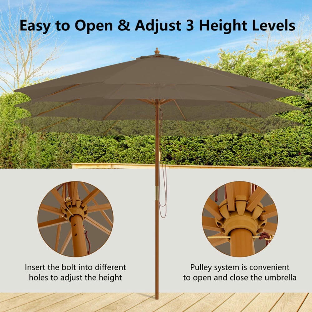 YYAo Outdoor Market Patio Table Umbrella,10 Feet Patio Umbrella with 8 Wooden Ribs and 3 Adjustable Heights-Brown