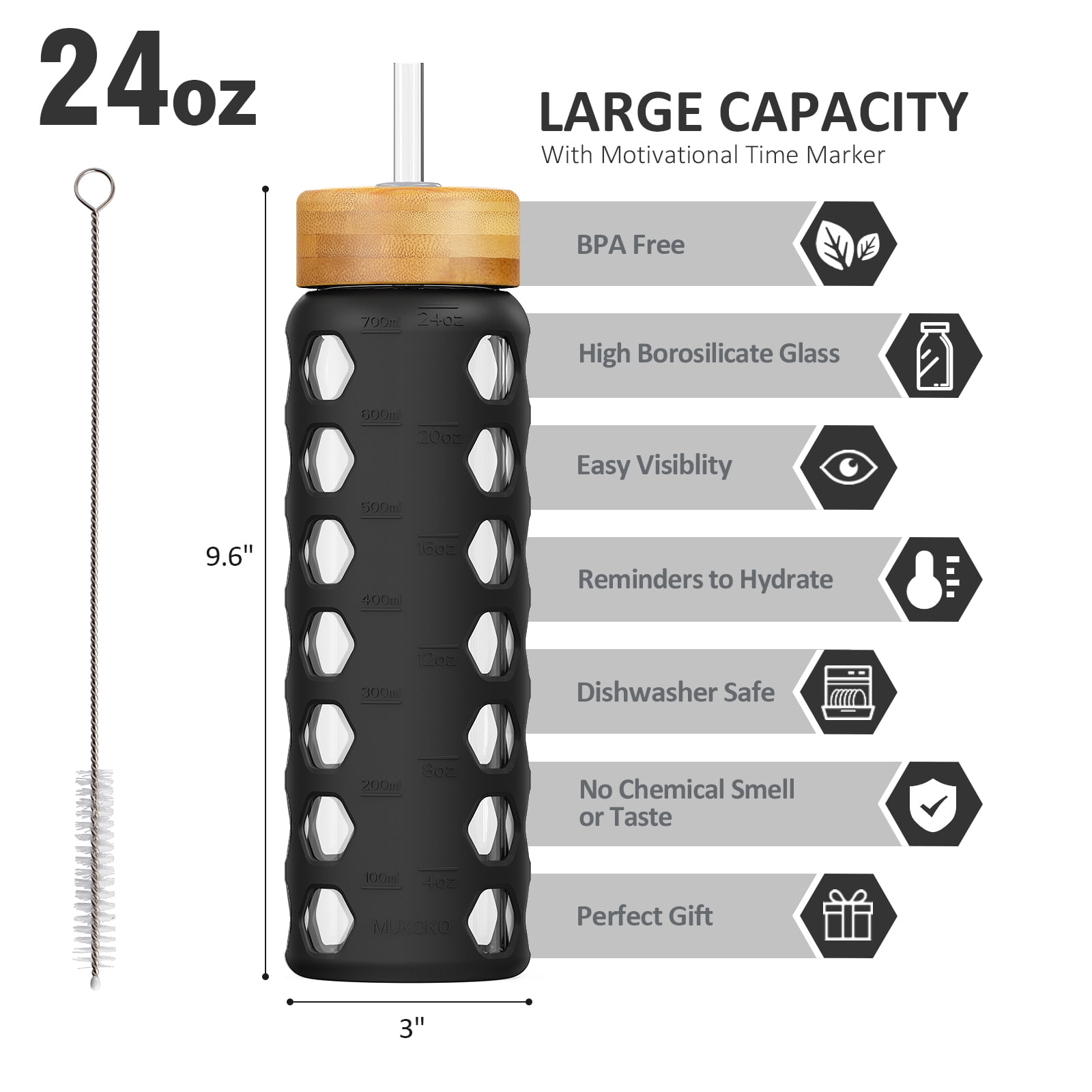 MUKOKO 24oz Glass Water Bottles, Motivational Water Tumbler with 2 Lids-Handle Spout Lid&Bamboo Straw Lid, Time Marker Reminder and Silicone Sleeve, Black