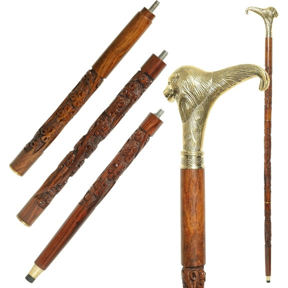 NAUTICALMARTUS BY Antique Brass LION Handle Walking Stick Handcrafted Wooden Cane for Men Vintage Style Decorative Cane with Carved Shaft