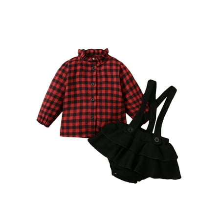 

Fanvereka Baby Girl Suit Long Sleeve Lapel Neck Blouse Suspender Ruffle A-Lined Pants
