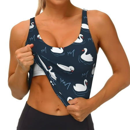 Qokaie Cartoon Swan Pattern Womens Scoop Neck Sports Bra Breathable Workout Vest Padded U Back Medium Impact Fitness Gym Yoga Bra Workout Crop Top