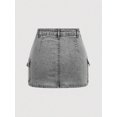thumbnail image 2 of Womens Light Grey Washed Denim Mini Skirt With Cargo Flap Pockets, 2 of 30