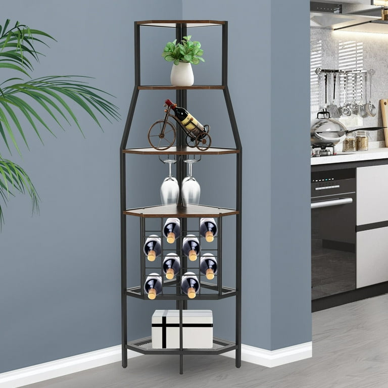 Corner Wine Rack with Glass Holder and Storage Shelves Metal Wood Freestanding Floor Industrial Corner Bar Brown Walmart