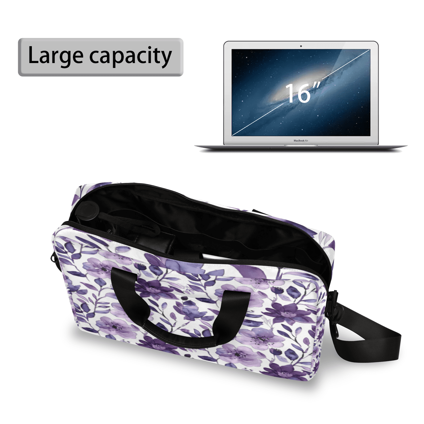 Herdesigns Flower Purple Laptop Bag for Women Men, Computer Case Briefcase Messenger Bags, 15-15.6 inch Laptop Sleeve Shoulder Bag