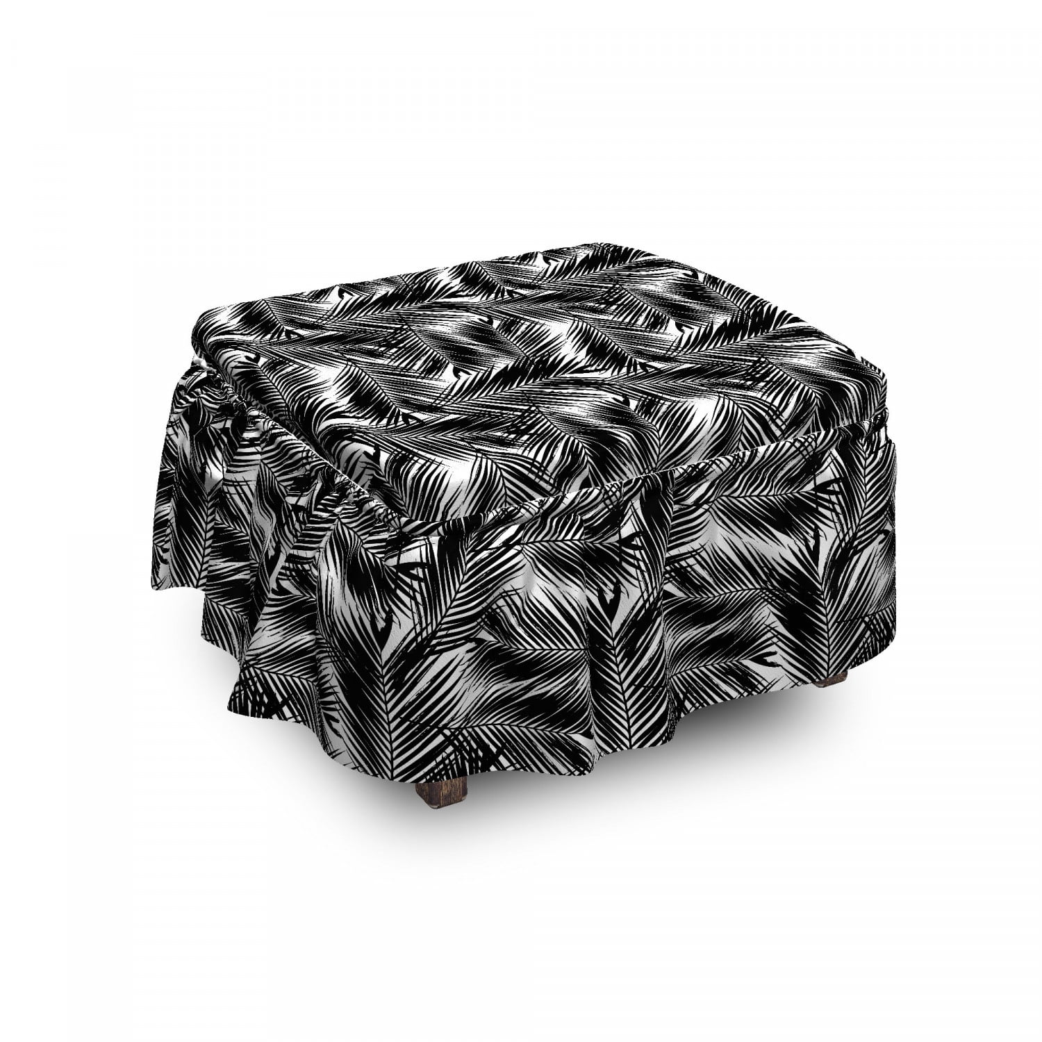 Black and White Ottoman Cover, Fan Palm Leaves, 2 Piece Slipcover Set