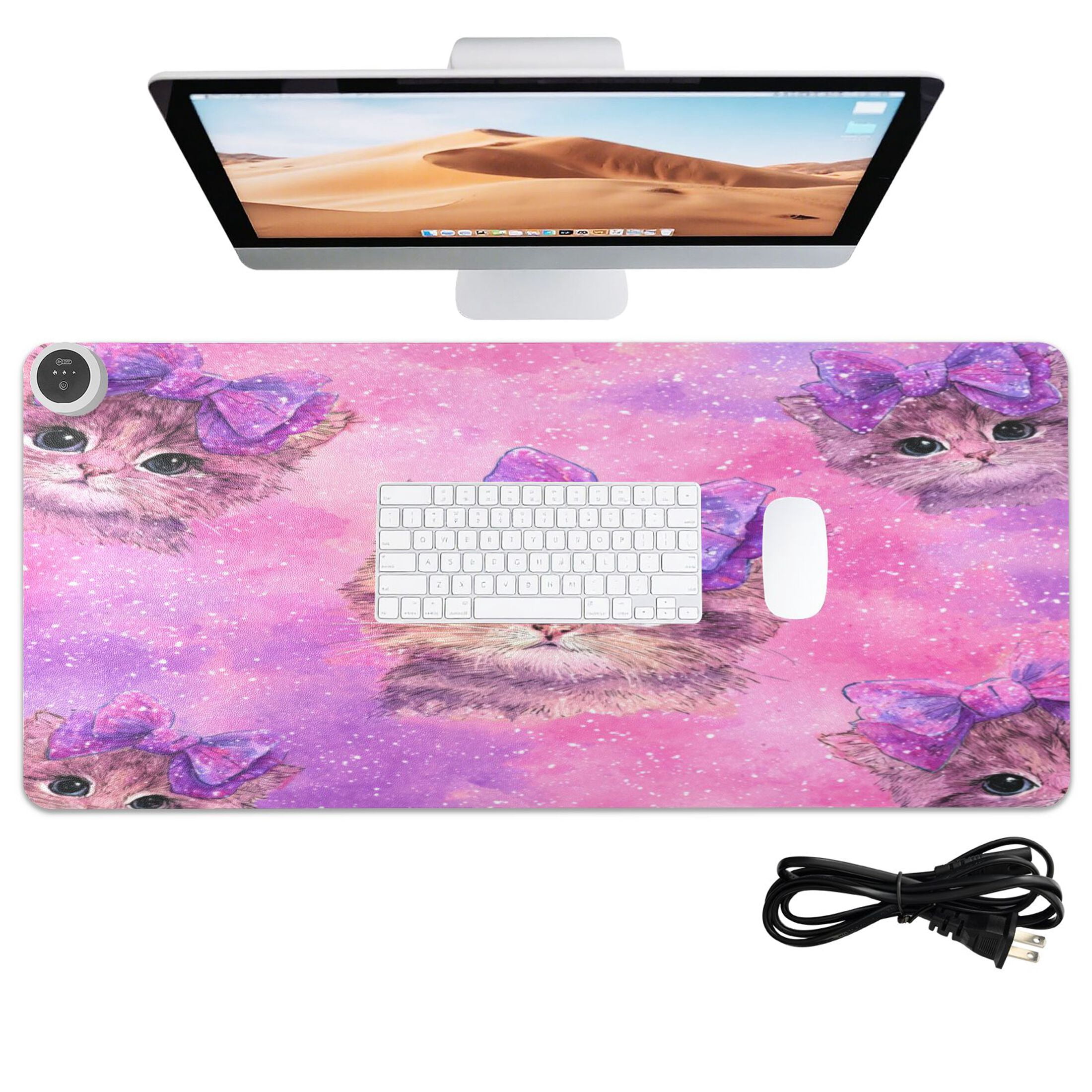 Large Heated Desk Mat Mouse Pad 31.5"x13"PU Leather Graphene Heating Desk Warmer with 3 Temperature Settings 110V US Plug Non-Slip Warm Pad for Home, Office, and Gaming Adorable Orange Cat Pattern